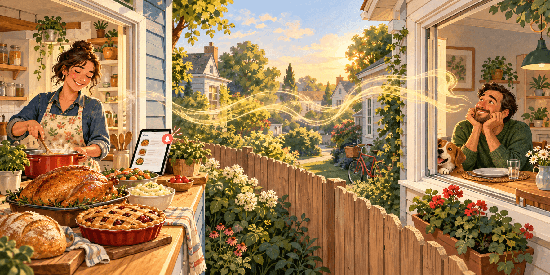 A homemade feast sending a delicious aroma over a backyard fence to a hungry neighbor